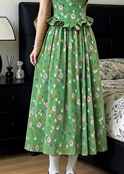 French Green Ruffled Patchwork Long Spaghetti Strap Dress Summer