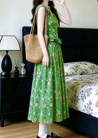 French Green Ruffled Patchwork Long Spaghetti Strap Dress Summer