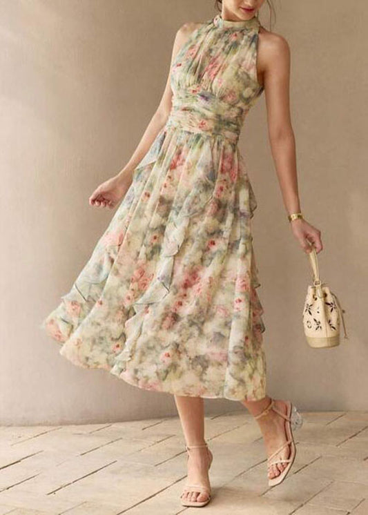 French Green Ruffled Print Chiffon Dresses Sleeveless