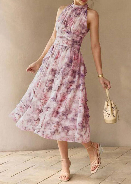 French Green Ruffled Print Chiffon Dresses Sleeveless