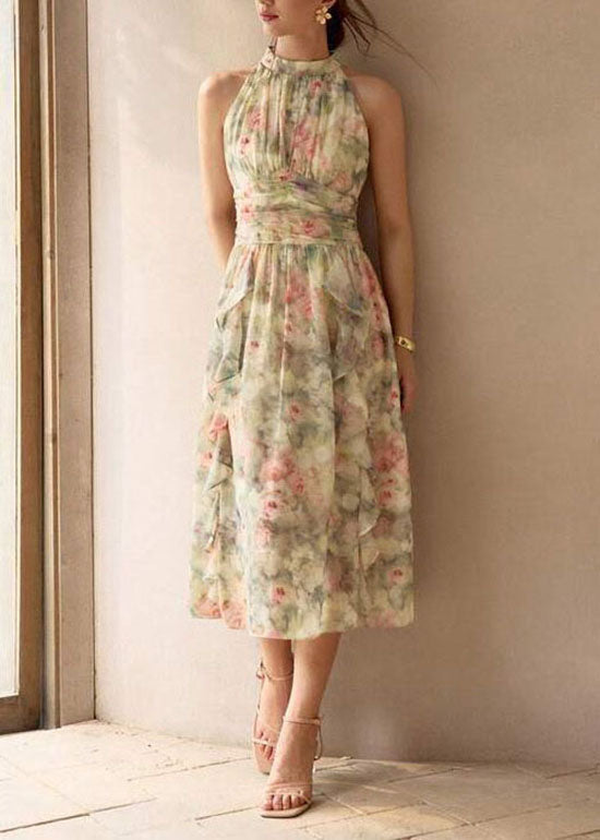 French Green Ruffled Print Chiffon Dresses Sleeveless