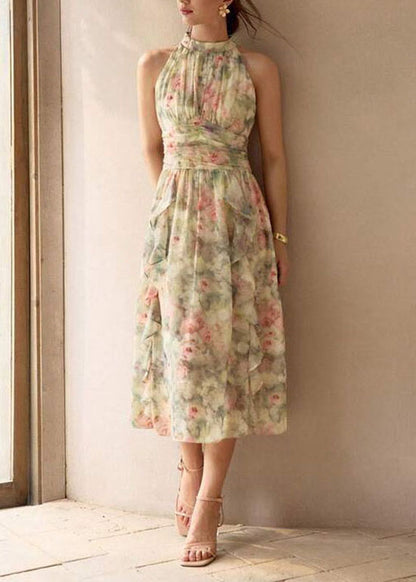 French Green Ruffled Print Chiffon Dresses Sleeveless