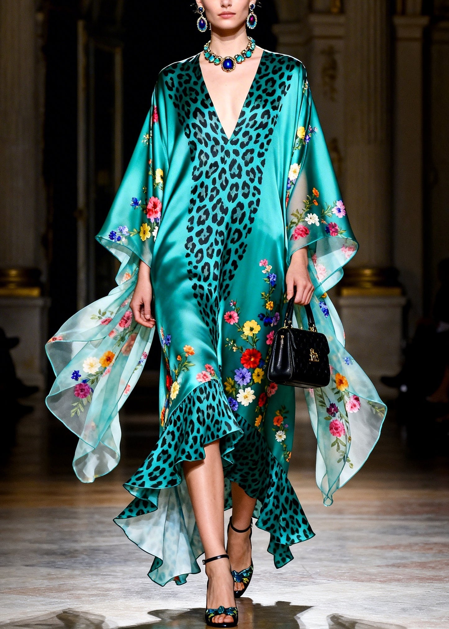 French Green Ruffled Print Patchwork Silk Robe Dresses Summer