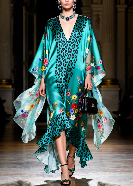 French Green Ruffled Print Patchwork Silk Robe Dresses Summer