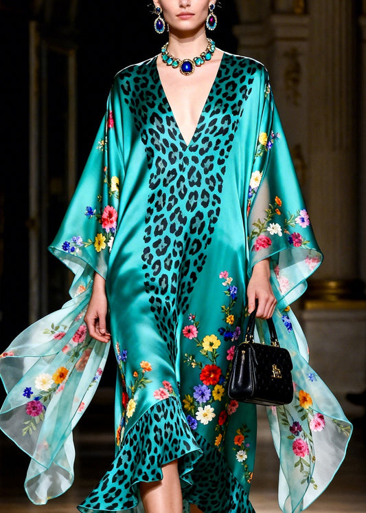 French Green Ruffled Print Patchwork Silk Robe Dresses Summer