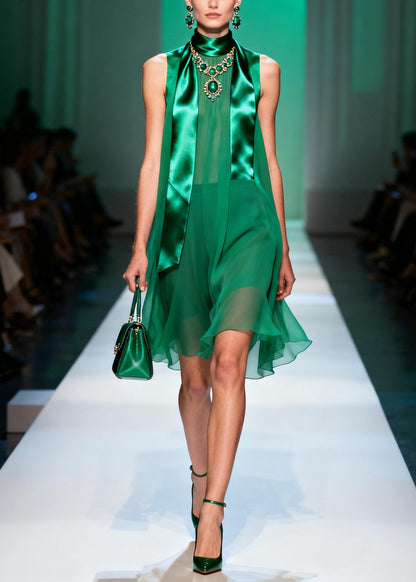 French Green Stand Collar Patchwork Chiffon Mid Dress Sleeveless