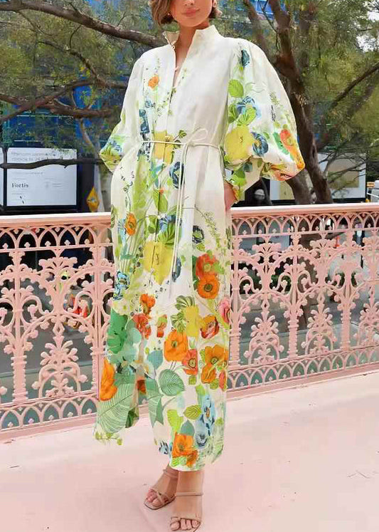 French Green Stand Collar Pockets Maxi Dress Lantern Sleeve