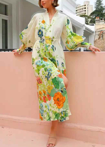 French Green Stand Collar Pockets Maxi Dress Lantern Sleeve