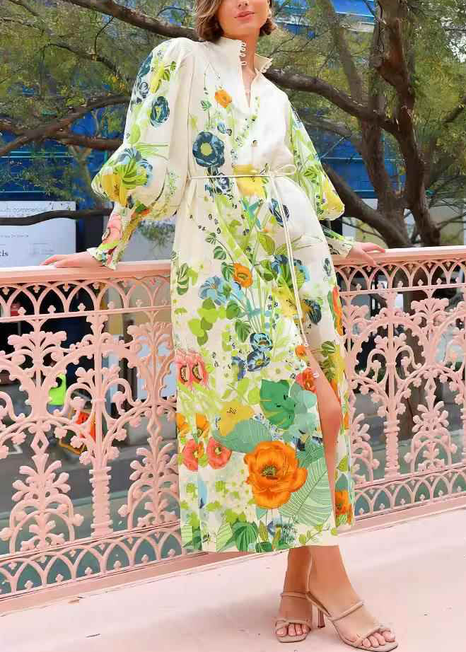 French Green Stand Collar Pockets Maxi Dress Lantern Sleeve