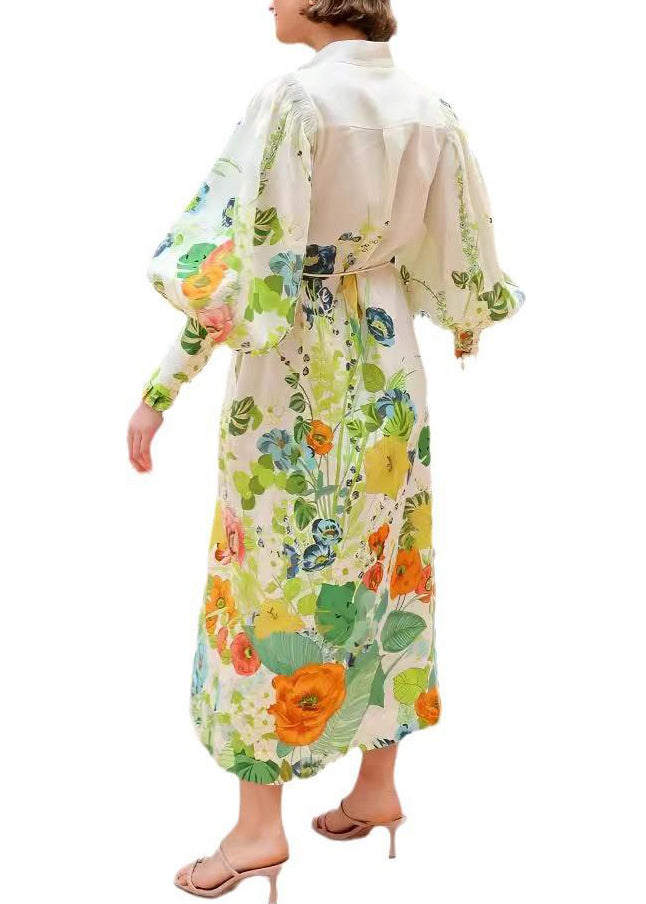 French Green Stand Collar Pockets Maxi Dress Lantern Sleeve