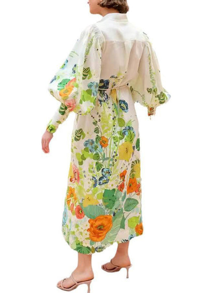 French Green Stand Collar Pockets Maxi Dress Lantern Sleeve