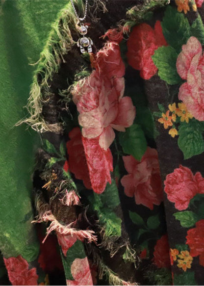 French Green Tasseled Patchwork Print Knit Sweater Dress Spring