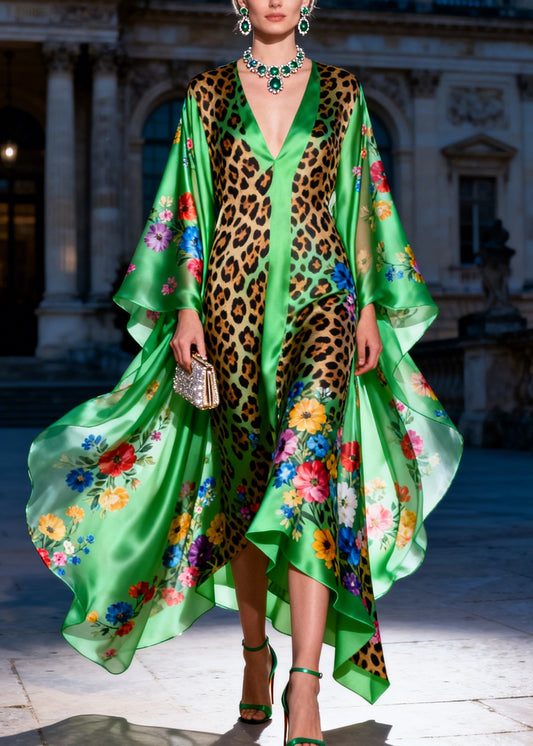 French Green V Neck Asymmetrical Design Print Silk Maxi Dresses Summer