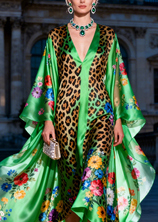 French Green V Neck Asymmetrical Design Print Silk Maxi Dresses Summer