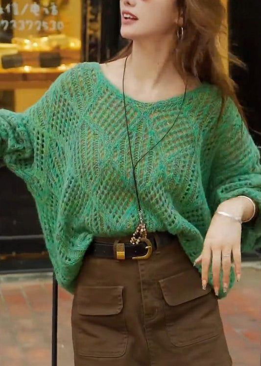 French Green V Neck Hollow Out Knit Sweaters Top Spring