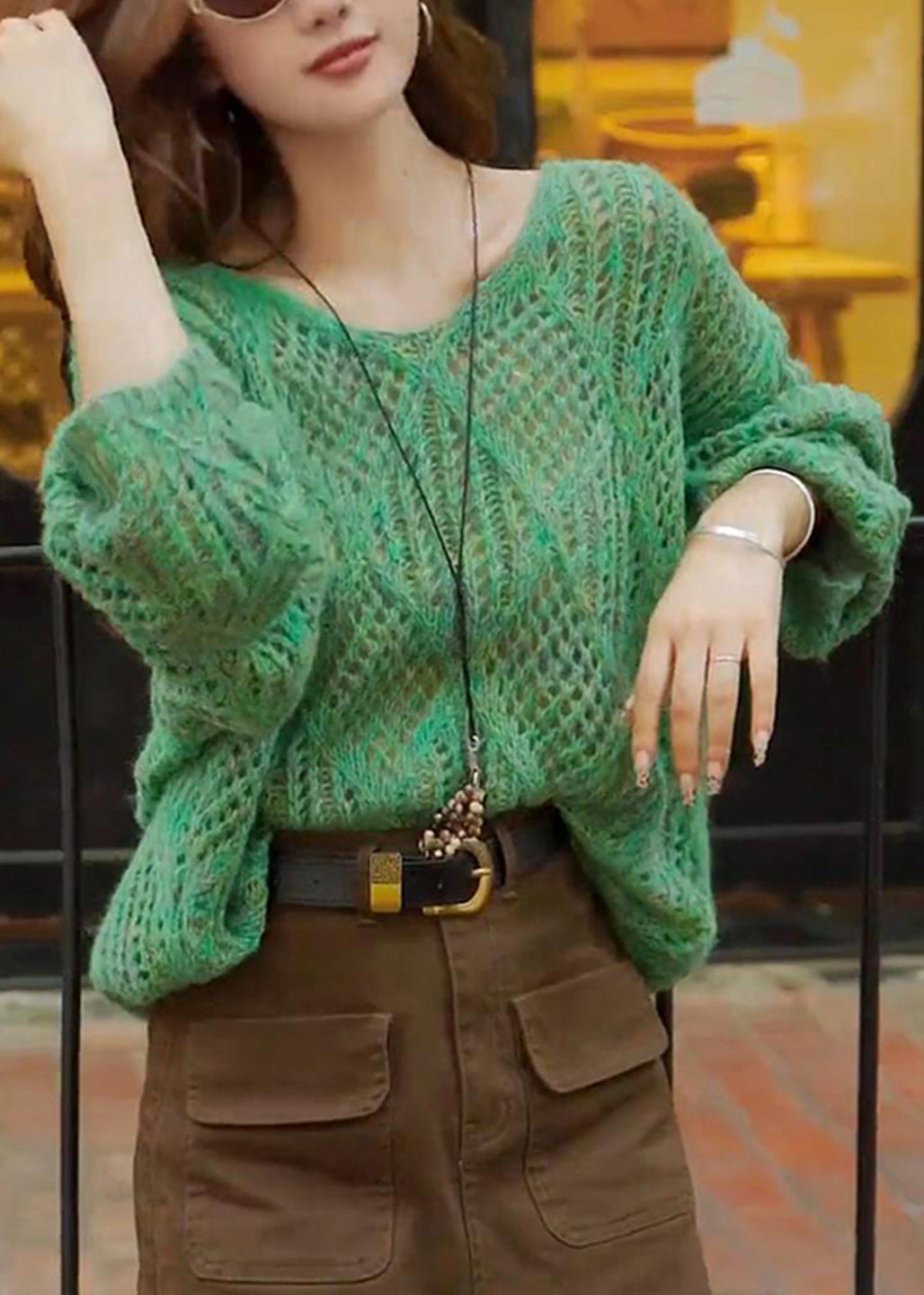French Green V Neck Hollow Out Knit Sweaters Top Spring