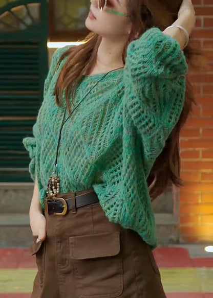 French Green V Neck Hollow Out Knit Sweaters Top Spring