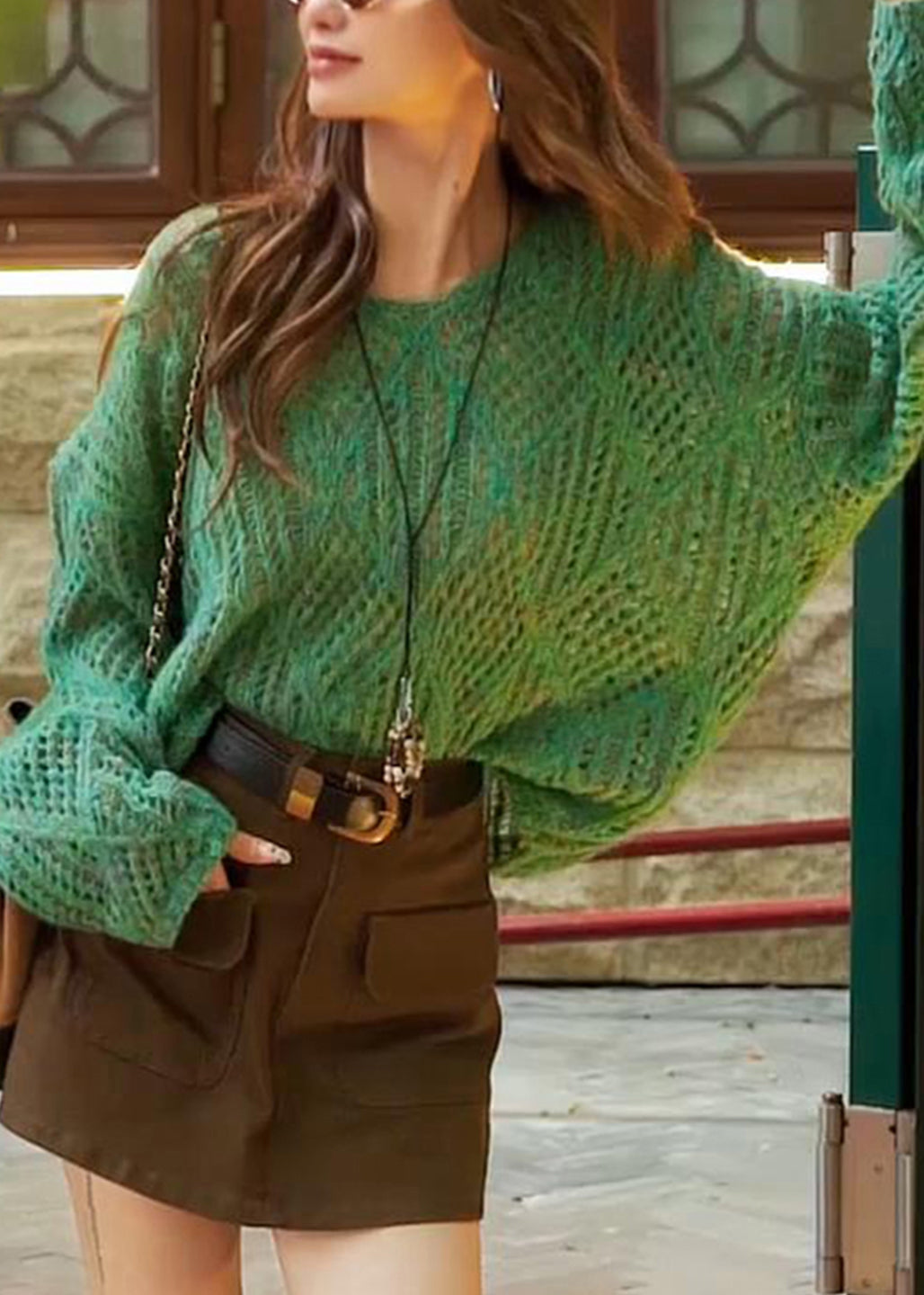 French Green V Neck Hollow Out Knit Sweaters Top Spring