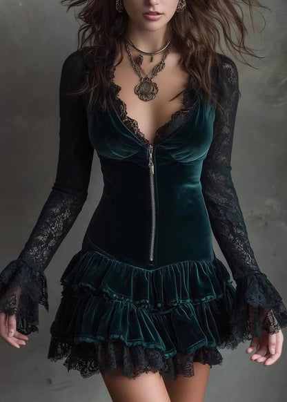 French Green V Neck Lace Patchwork Velvet Mini Dress Fall
