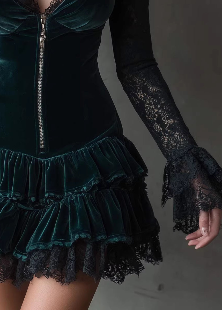 French Green V Neck Lace Patchwork Velvet Mini Dress Fall