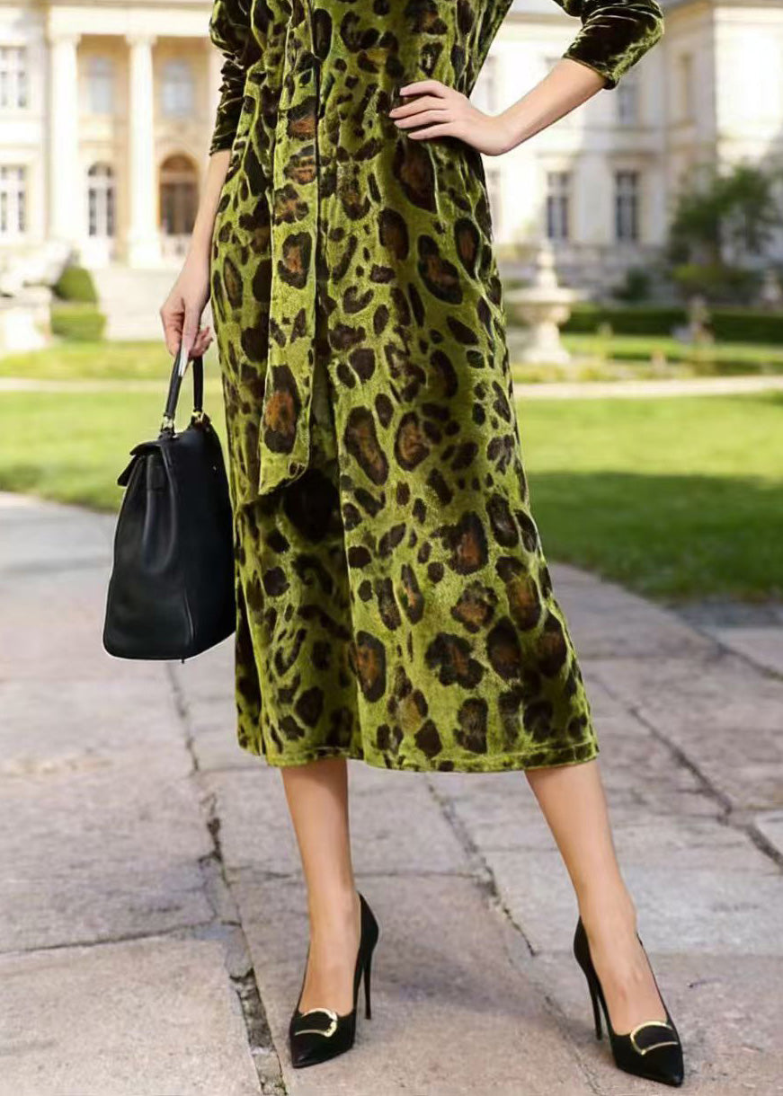 French Green V Neck Leopard Print Velvet Dress Spring