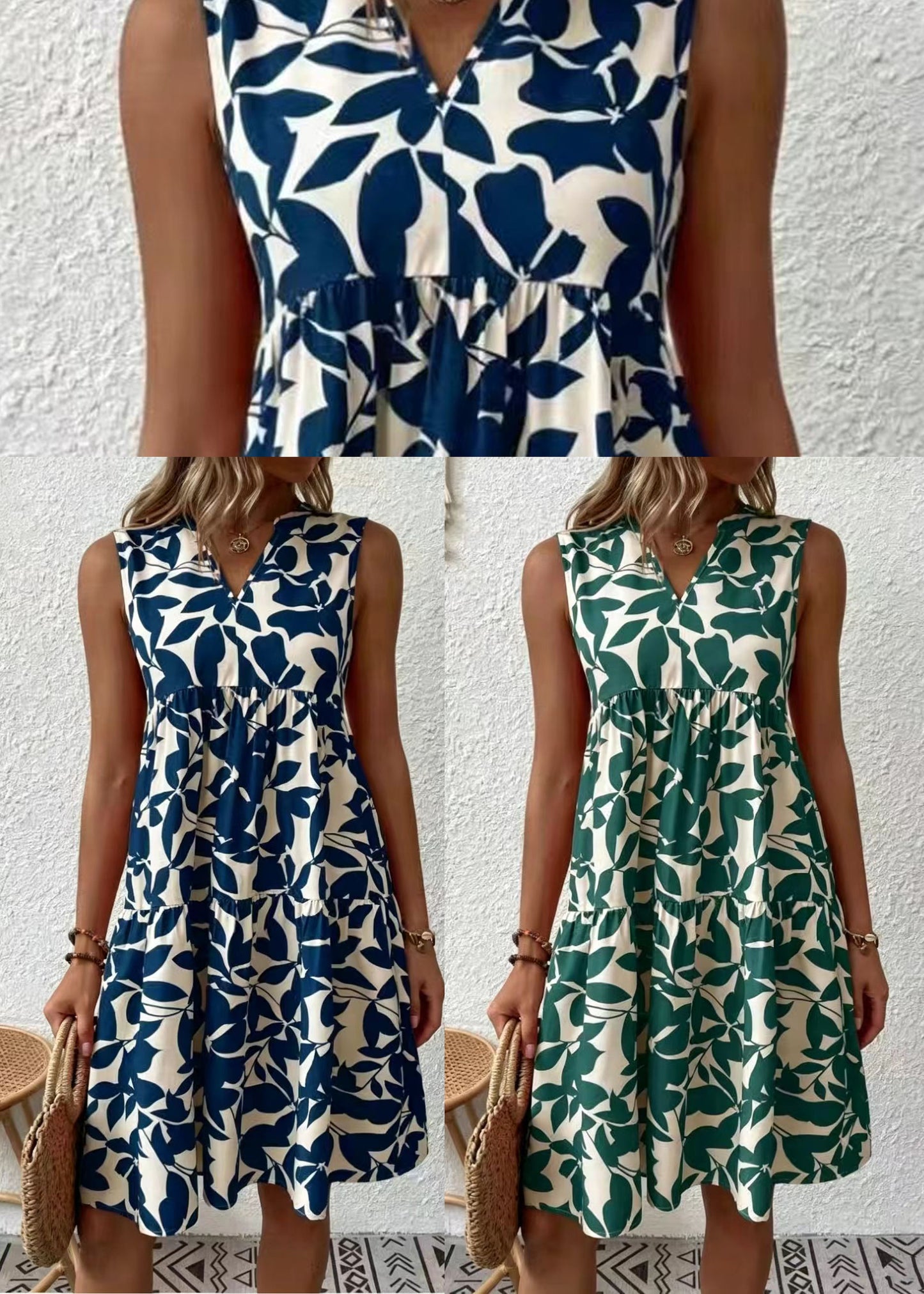 French Green V Neck Print Cotton Dresses Sleeveless