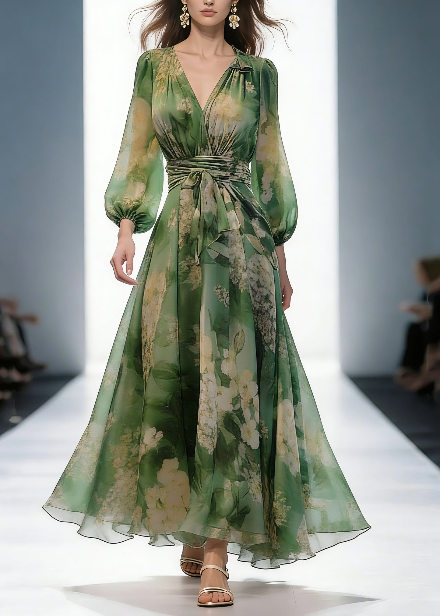 French Green V Neck Print High Waist Chiffon Dresses Long Sleeve