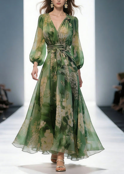 French Green V Neck Print High Waist Chiffon Dresses Long Sleeve