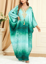 Load image into Gallery viewer, French Green V Neck Print Silk Maxi Dresses Batwing Sleeve