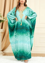 Load image into Gallery viewer, French Green V Neck Print Silk Maxi Dresses Batwing Sleeve