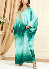 Load image into Gallery viewer, French Green V Neck Print Silk Maxi Dresses Batwing Sleeve