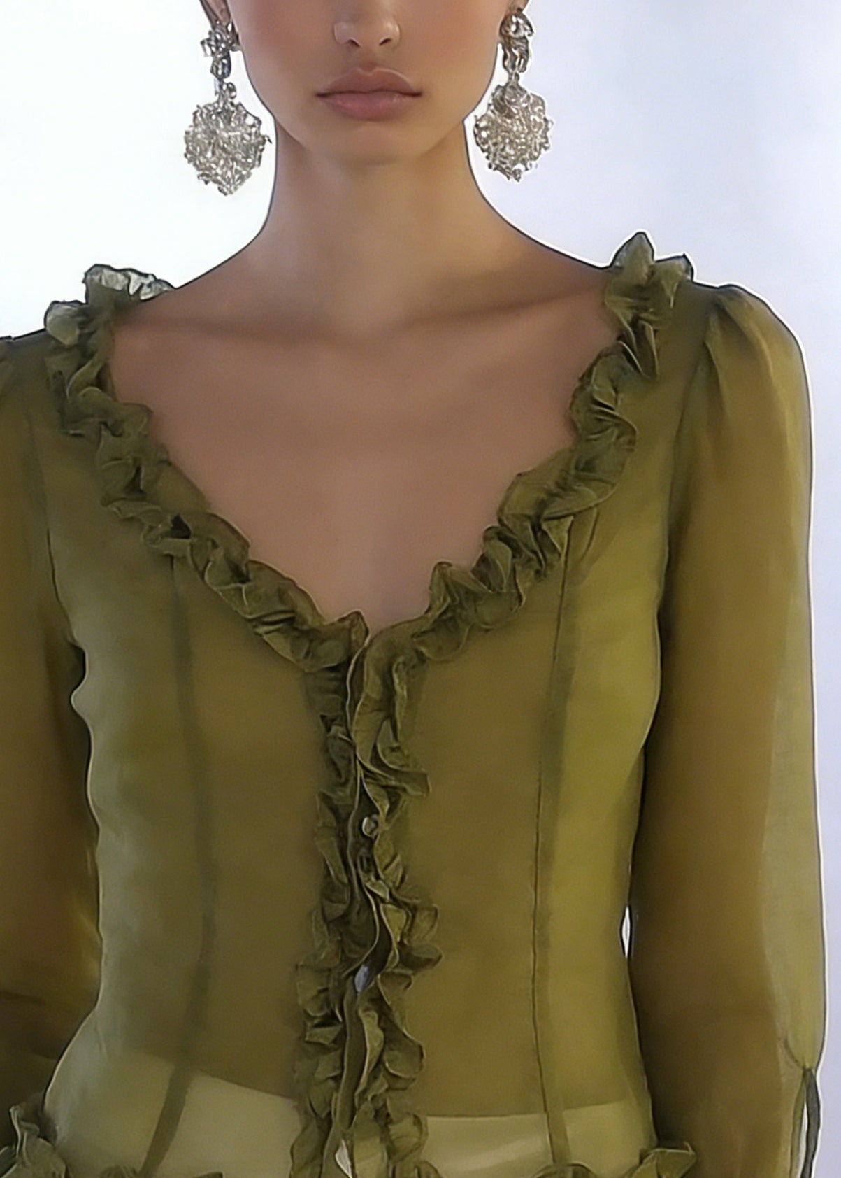 French Green V Neck Ruffled Lace Up Chiffon tops Spring