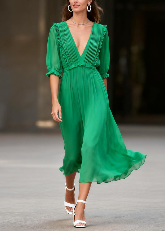 French Green V Neck Ruffled Patchwork Chiffon Dress Summer