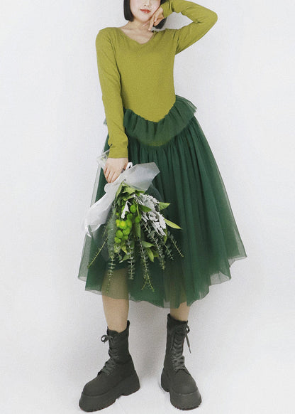 French Green V Neck Tulle Patchwork Cotton Dresses Fall