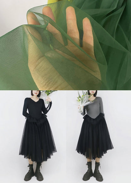 French Green V Neck Tulle Patchwork Cotton Dresses Fall