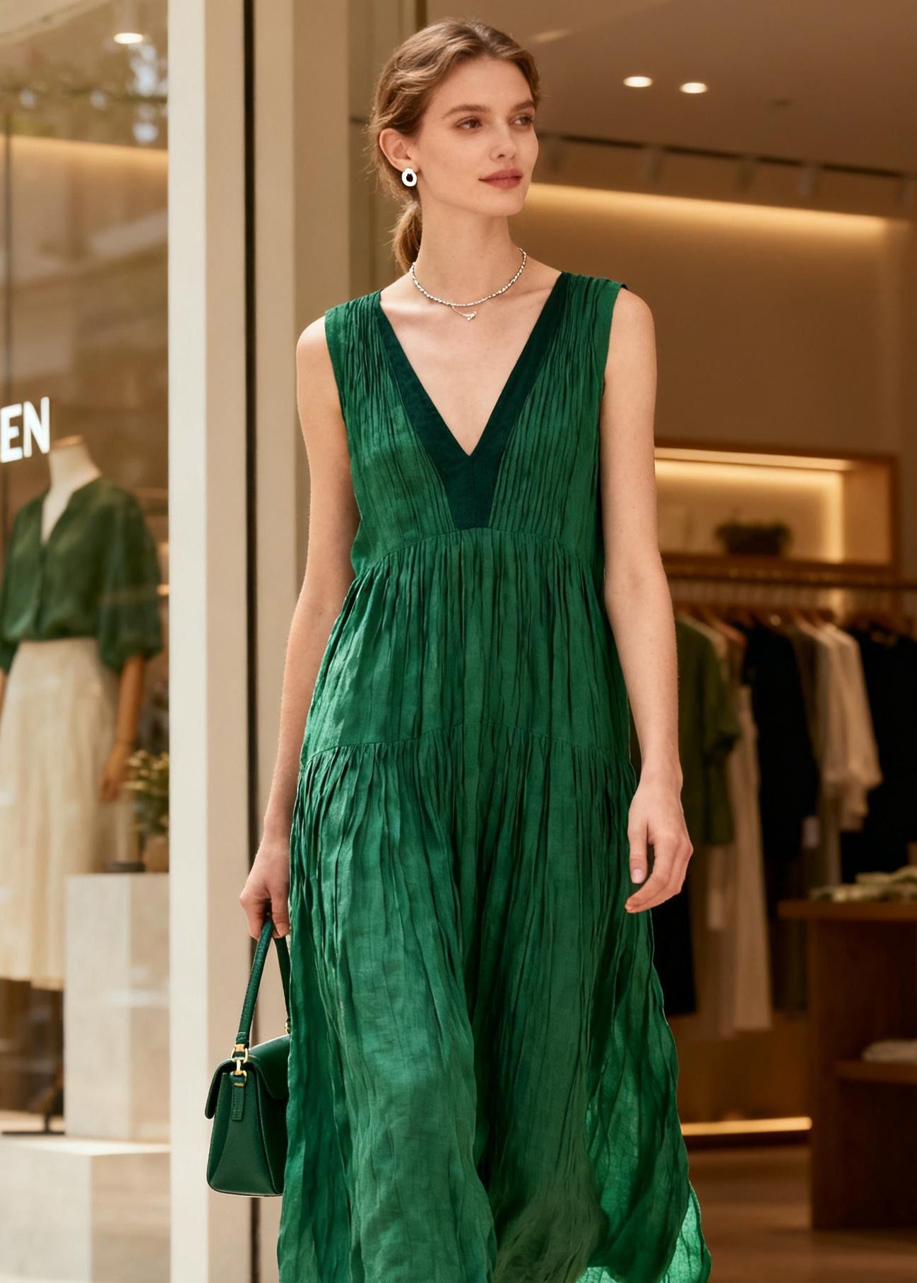 French Green V Neck Wrinkled Patchwork Cotton Maxi Dresses Sleeveless