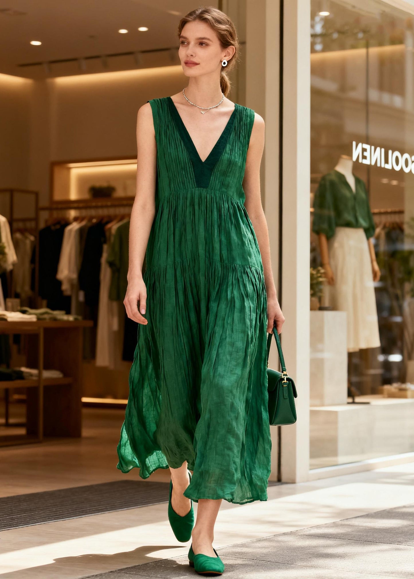 French Green V Neck Wrinkled Patchwork Cotton Maxi Dresses Sleeveless