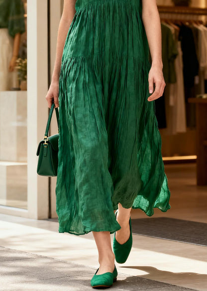 French Green V Neck Wrinkled Patchwork Cotton Maxi Dresses Sleeveless