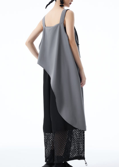 French Grey Asymmetrical Design Pockets Patchwork Cotton Top Summer