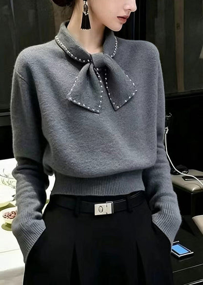 French Grey Bow Nail Bead Knit Pullover Fall
