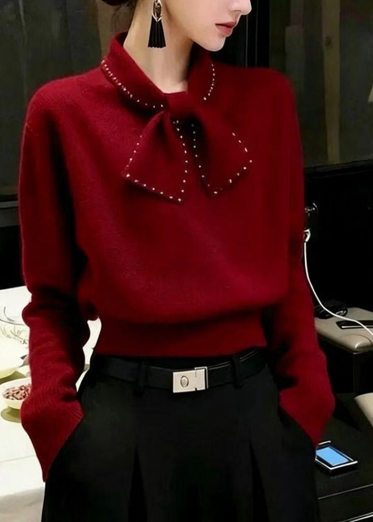 French Grey Bow Nail Bead Knit Pullover Fall