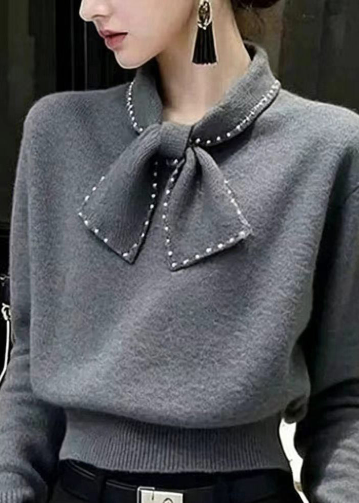 French Grey Bow Nail Bead Knit Pullover Fall