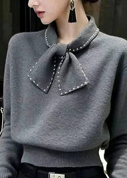 French Grey Bow Nail Bead Knit Pullover Fall
