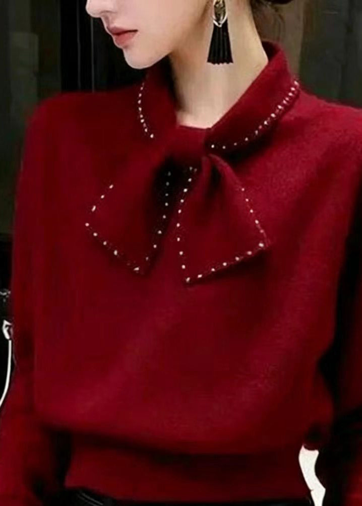 French Grey Bow Nail Bead Knit Pullover Fall