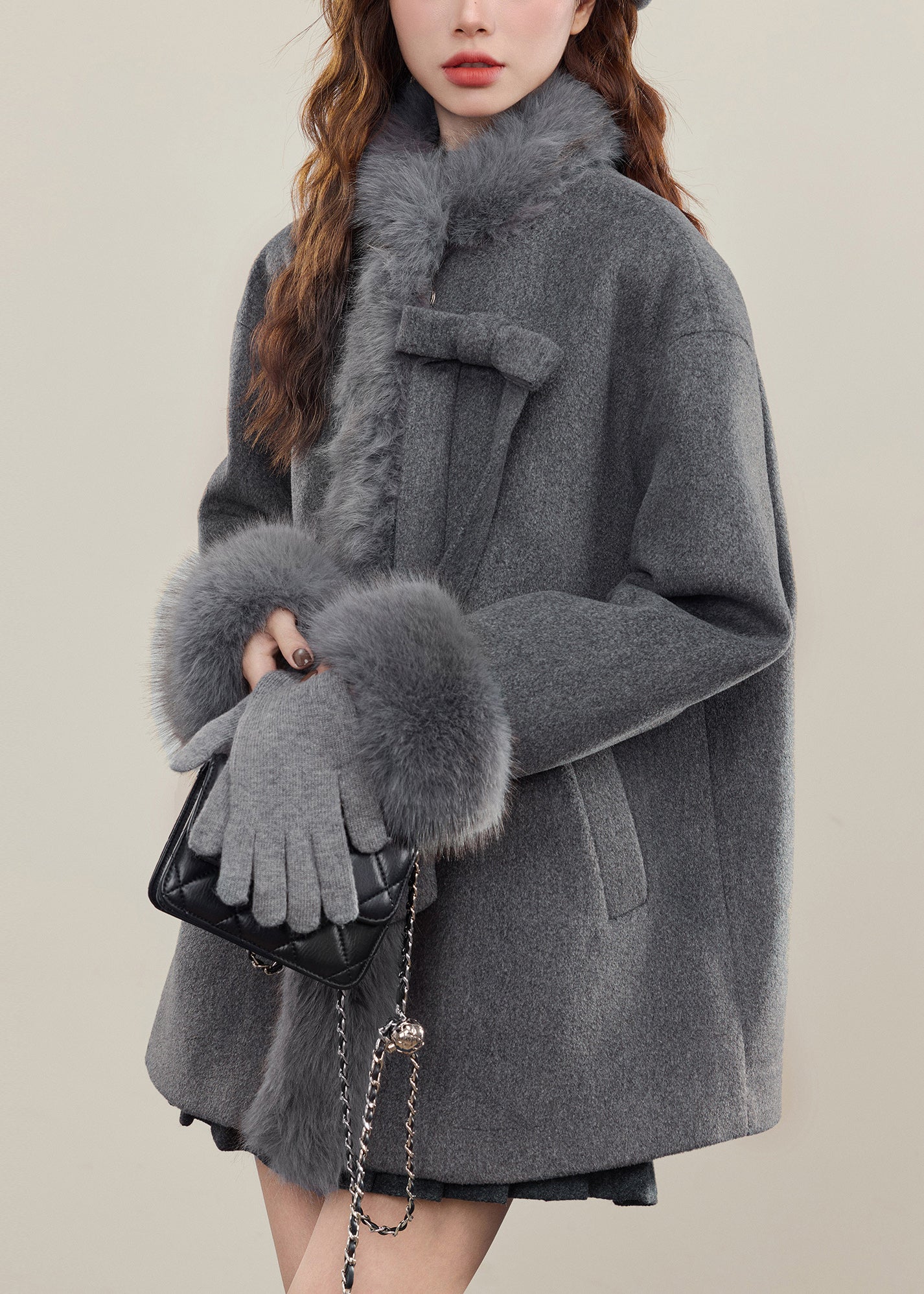 French Grey Bow Woolen Coats Fur Collar Winter