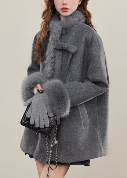 French Grey Bow Woolen Coats Fur Collar Winter