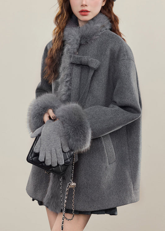 French Grey Bow Woolen Coats Fur Collar Winter