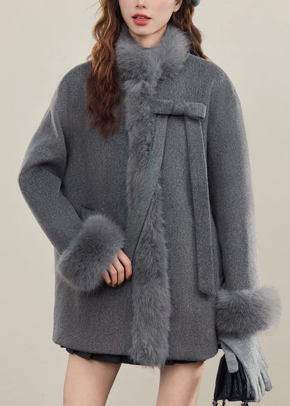 French Grey Bow Woolen Coats Fur Collar Winter