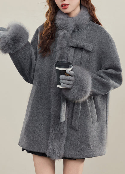 French Grey Bow Woolen Coats Fur Collar Winter