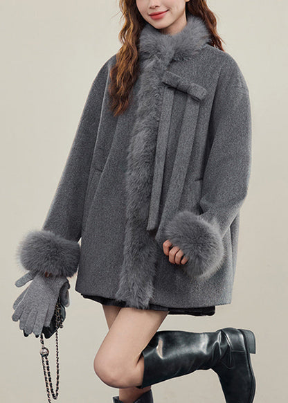 French Grey Bow Woolen Coats Fur Collar Winter